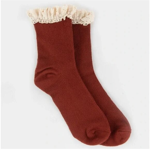 Free People Waffle Knit Ankle Sock Ruffle Cedar NEW - Picture 2 of 11
